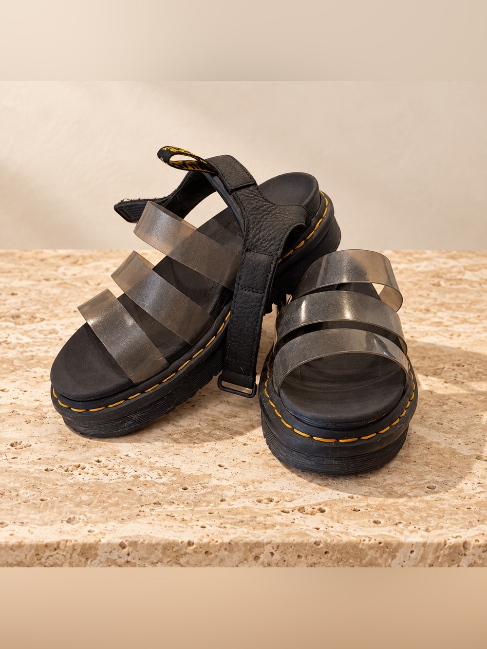 Dr. Martens Platform Slide Sandals with Clear Straps in Black